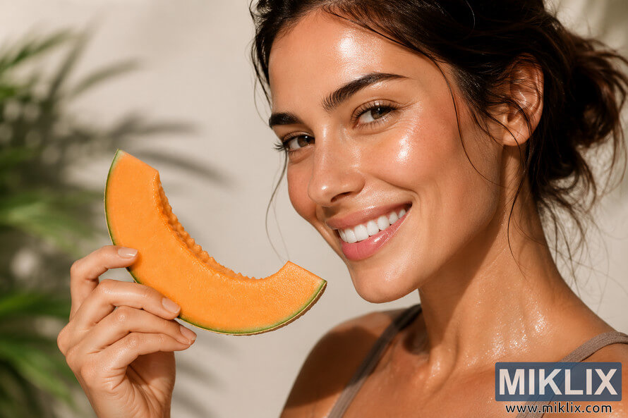 Smiling woman with glowing hydrated skin holding a fresh cantaloupe slice in warm natural light against a soft neutral background.