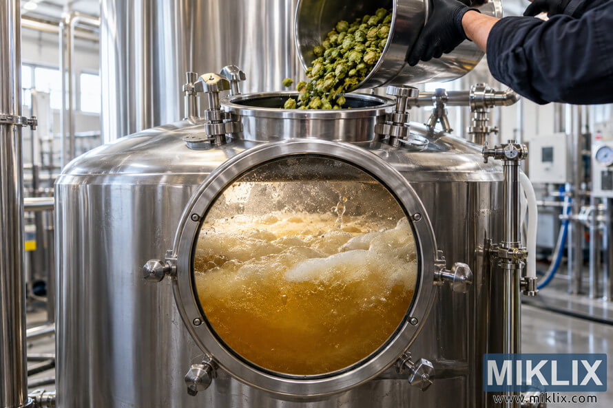 Stainless-steel brewery fermenter with actively foaming golden beer visible through a circular window as a gloved worker pours green hops into the open top hatch. Stainless-steel brewery fermenter with actively foaming golden beer visible through a circular window as a gloved worker pours green hops into the open top hatch.