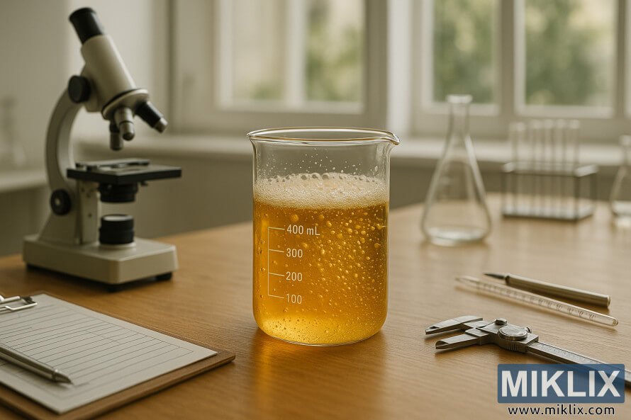 Pahar cu lichid auriu care clocoteÈte Ã®ntr-un laborator bine luminat, care prezintÄ fermentaÈia drojdiei.