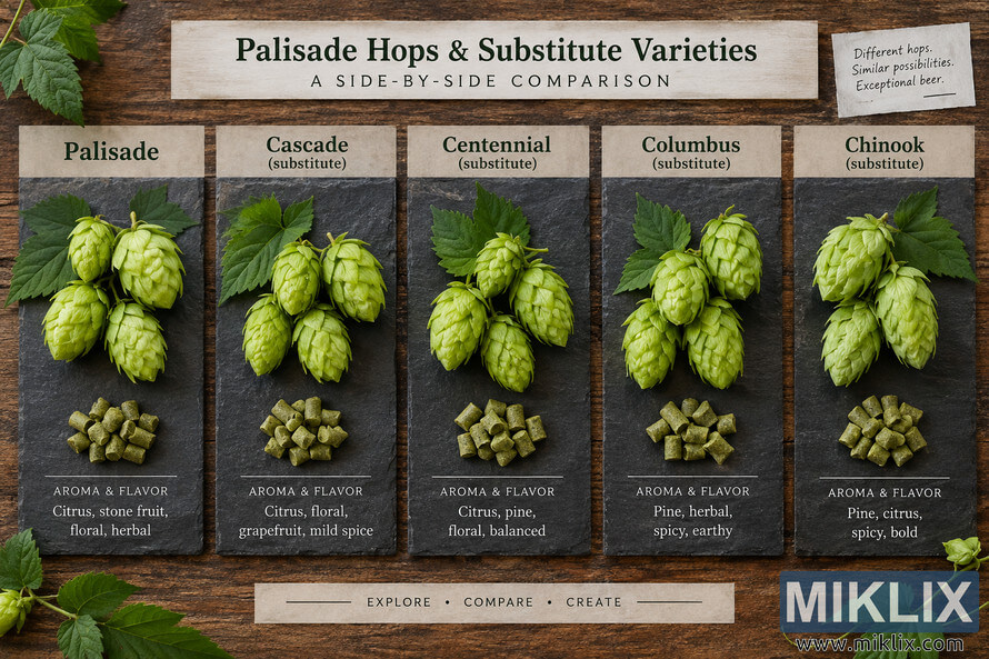 Landscape infographic-style photo comparing Palisade hops with Cascade, Centennial, Columbus, and Chinook substitutes. Five slate panels display fresh green hop cones, leaves, hop pellets, and aroma and flavor descriptors on a rustic wooden background. Landscape infographic-style photo comparing Palisade hops with Cascade, Centennial, Columbus, and Chinook substitutes. Five slate panels display fresh green hop cones, leaves, hop pellets, and aroma and flavor descriptors on a rustic wooden background.