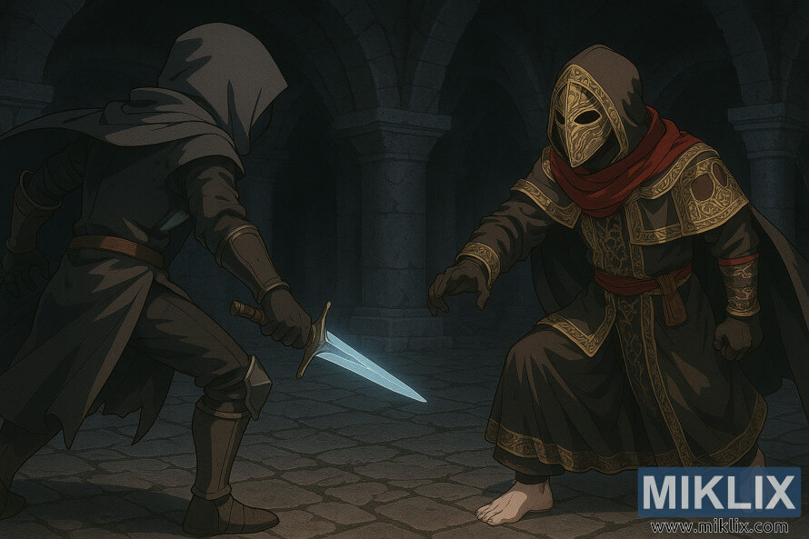 Anime stila aina, kurÄ AptraipÄ«tais MelnÄ Naža bruÅÄs stÄv pretÄ« maskÄtam Sangviniskajam CÄlajam tumÅ¡Ä akmens pazemÄ zem senÄm drupÄm. Anime stila aina, kurÄ AptraipÄ«tais MelnÄ Naža bruÅÄs stÄv pretÄ« maskÄtam Sangviniskajam CÄlajam tumÅ¡Ä akmens pazemÄ zem senÄm drupÄm.