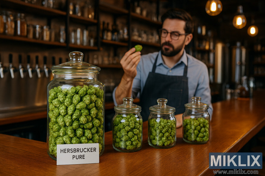 Craft brewery bar with Hersbrucker Pure hops in glass jars and brewer inspecting a hop cone Craft brewery bar with Hersbrucker Pure hops in glass jars and brewer inspecting a hop cone