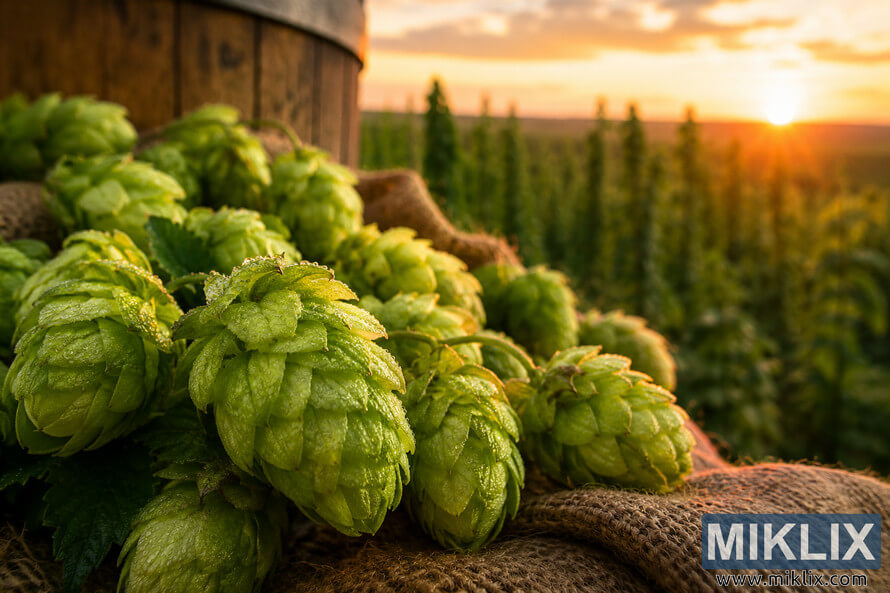 Close-up of dew-covered green Golding hop cones on burlap beside a wooden barrel, with blurred hop fields and a golden sunset in the background. Close-up of dew-covered green Golding hop cones on burlap beside a wooden barrel, with blurred hop fields and a golden sunset in the background.