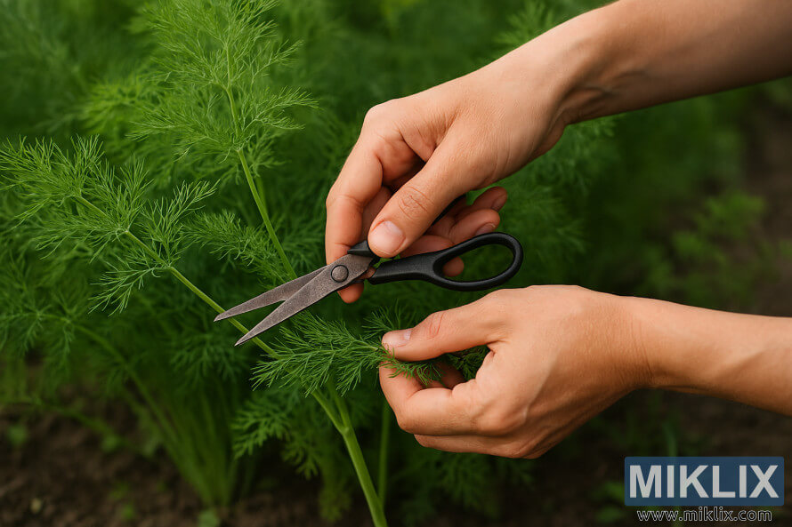 Mains utilisant des ciseaux pour rÃ©colter des feuilles fraÃ®ches dâaneth sur les tiges extÃ©rieures dâun jardin