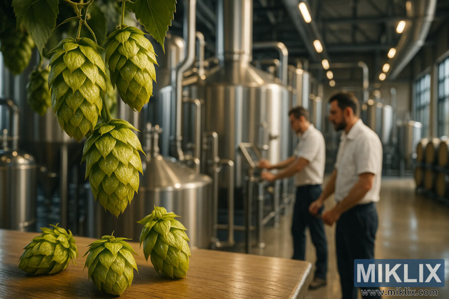 Golden Hersbrucker hop cones cascade in front of brewers working among stainless steel tanks in a modern brewery.
