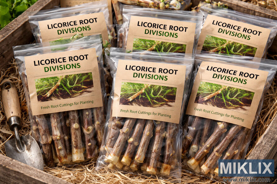 Clear bags filled with licorice root divisions labeled for planting, arranged in a straw-lined wooden crate with a small garden trowel. Clear bags filled with licorice root divisions labeled for planting, arranged in a straw-lined wooden crate with a small garden trowel.