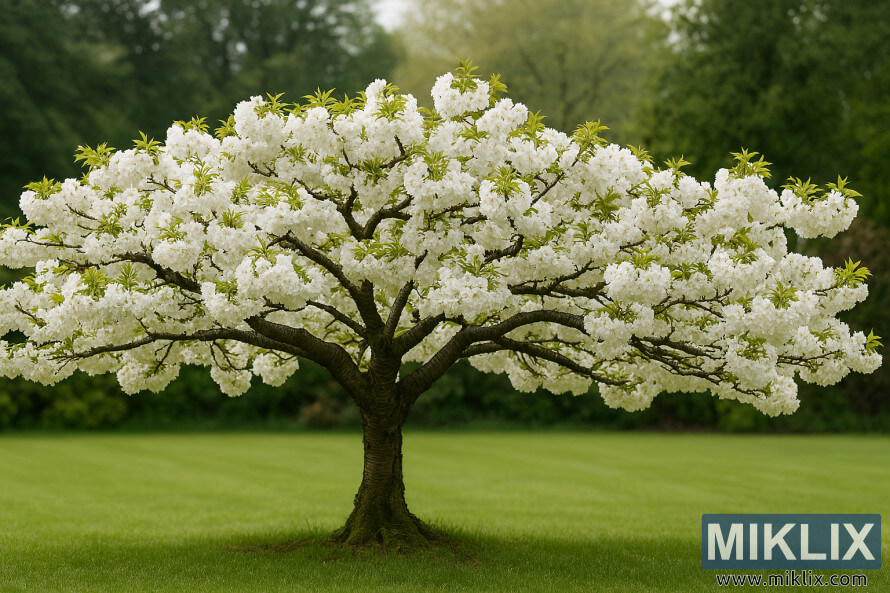 Photo de paysage dâun cerisier du mont Fuji avec des branches horizontales couvertes de doubles fleurs blanches sur une pelouse verte