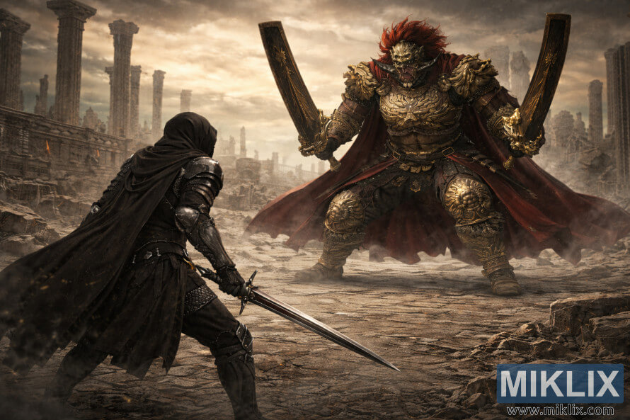 Dark fantasy artwork showing the Tarnished in Black Knife armor holding a sword while a massive Promised Consort Radahn looms nearby in the ruined city of Enir-Ilim.