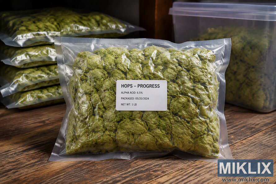 High-resolution landscape photograph showing dried Progress hop cones stored in a transparent vacuum-sealed bag on a wooden surface. Additional vacuum-sealed bags of hops are stacked in the background, with a storage container holding more hops visible to the side. The scene illustrates organized hop storage for preserving freshness, aroma, and brewing quality. High-resolution landscape photograph showing dried Progress hop cones stored in a transparent vacuum-sealed bag on a wooden surface. Additional vacuum-sealed bags of hops are stacked in the background, with a storage container holding more hops visible to the side. The scene illustrates organized hop storage for preserving freshness, aroma, and brewing quality.
