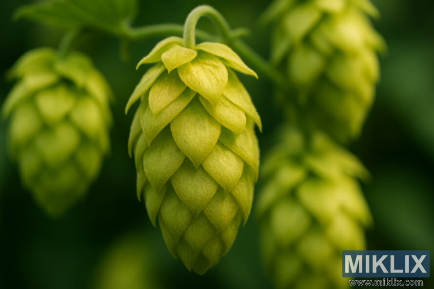 QÄ±zÄ±lÄ±-yaÅÄ±l Ã§alarlarÄ±, yumÅaq iÅÄ±qlandÄ±rmasÄ± vÉ bulanÄ±q yaÅÄ±l fonu olan Apolon hop konuslarÄ±nÄ±n yaxÄ±ndan Ã§ÉkilmiÅ fotoÅÉkili.