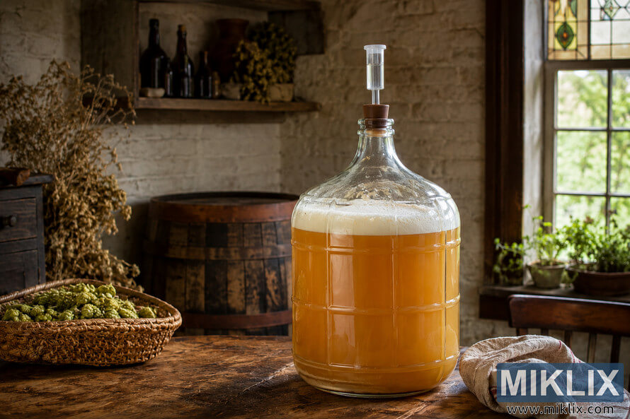 Glass carboy filled with fermenting Belgian lambic on a rustic wooden table in a traditional Belgian homebrewing room with soft natural light, hops, vintage bottles, and farmhouse dÃ©cor.