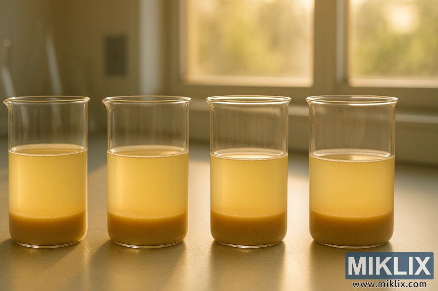 Four glass beakers containing pale yellow ale yeast cultures on a warmly lit lab counter. Four glass beakers containing pale yellow ale yeast cultures on a warmly lit lab counter.