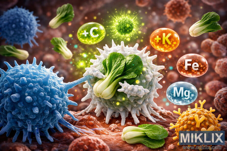 Microscopic 3D illustration of immune cells interacting with glowing bok choy leaves and nutrient capsules labeled +C, +K, Fe, and Mg, symbolizing the synergy between nutrition and immunity.