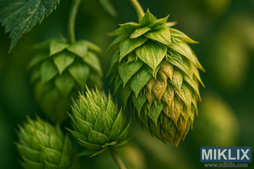 Close-up saka Janus hop cones sing wis mateng kanthi kelenjar lupulin sing berkilauan lan latar mburi ijo sing burem Close-up saka Janus hop cones sing wis mateng kanthi kelenjar lupulin sing berkilauan lan latar mburi ijo sing burem