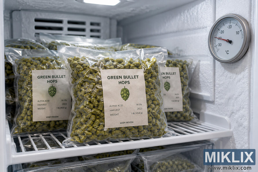 Vacuum-sealed packages of Green Bullet hop pellets stored on a wire shelf inside a frosted freezer, with an analog Celsius temperature gauge showing approximately -20°C. Vacuum-sealed packages of Green Bullet hop pellets stored on a wire shelf inside a frosted freezer, with an analog Celsius temperature gauge showing approximately -20°C.