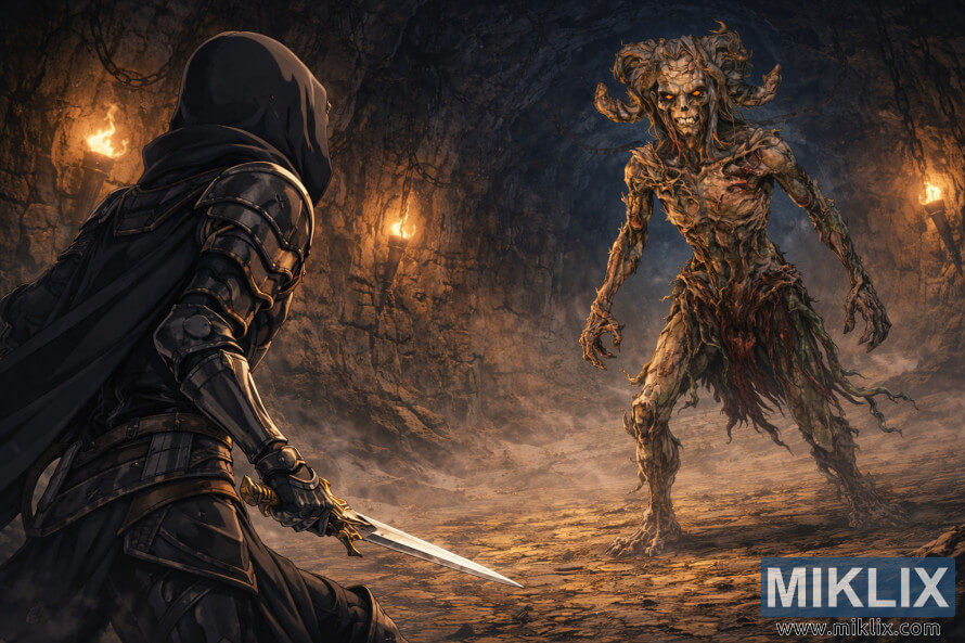 Illustrazione in stile anime dell'armatura Tarnished in Black Knife, vista da dietro a sinistra, mentre affronta il boss cornuto Lamenter in una prigione di pietra illuminata da torce.