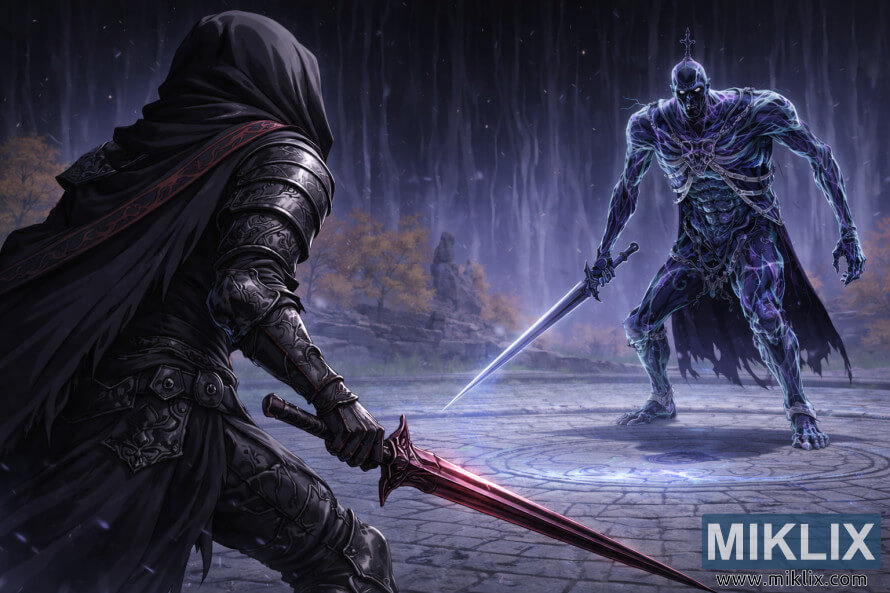 Fan-Art im Anime-Stil zu Elden Ring, die den Tarnished von hinten zeigt, wie er ein rot leuchtendes Schwert schwingt, wÃ¤hrend er Bols, dem karischen Ritter, in einer angespannten Konfrontation in Cuckoo's Evergaol gegenÃ¼bersteht.