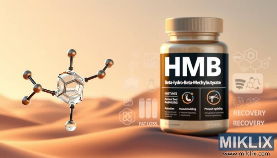 Modelo 3D de la molÃ©cula de HMB con Ã­conos infogrÃ¡ficos que muestran los beneficios para los mÃºsculos, la recuperaciÃ³n y la pÃ©rdida de grasa.