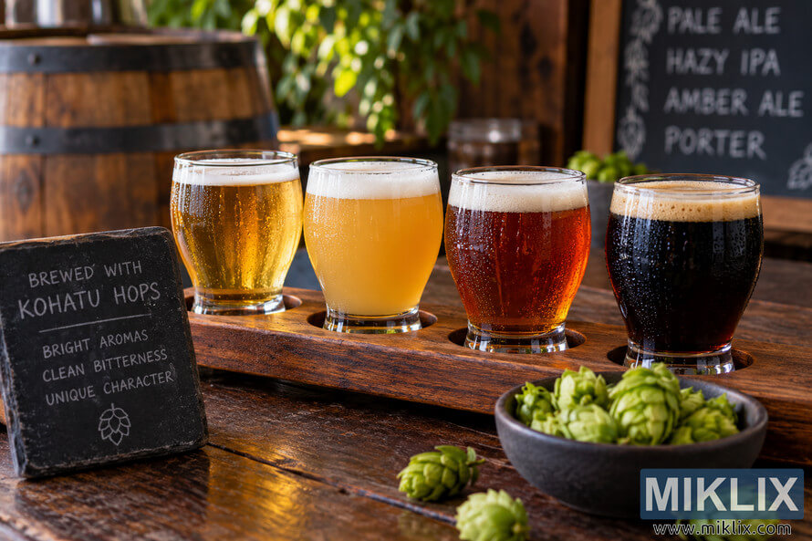 Four-glass beer flight ranging from golden and hazy beer to amber and dark beer on a wooden tasting paddle, surrounded by fresh Kohatu hops in a warm rustic brewery setting. Four-glass beer flight ranging from golden and hazy beer to amber and dark beer on a wooden tasting paddle, surrounded by fresh Kohatu hops in a warm rustic brewery setting.