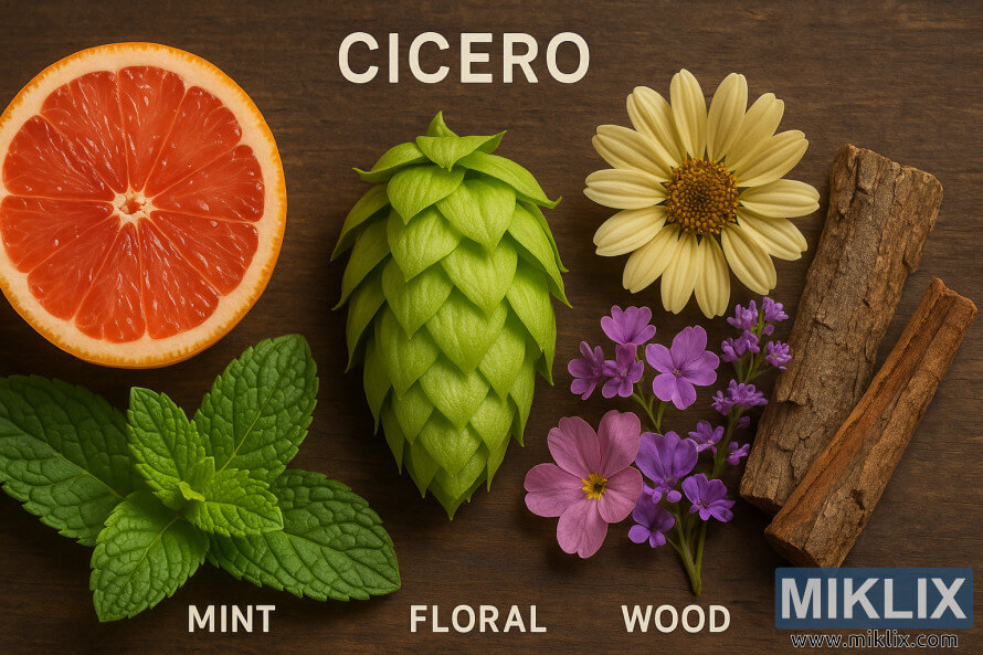 Szyszka chmielu Cicero otoczona grejpfrutem, miÄtÄ, kwiatami i drewnem odzwierciedlajÄcym jego aromat.