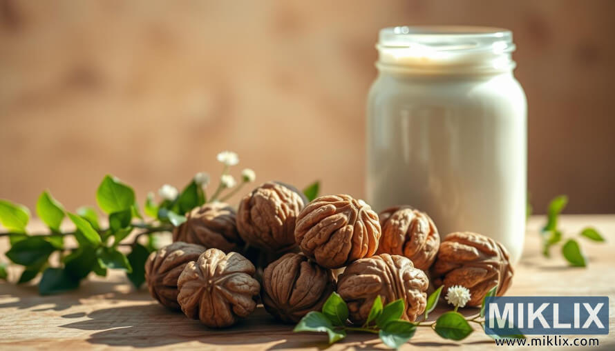 Olupljeni orehi na leseni mizi z listnato trto in kozarcem orehovega jogurta. Olupljeni orehi na leseni mizi z listnato trto in kozarcem orehovega jogurta.