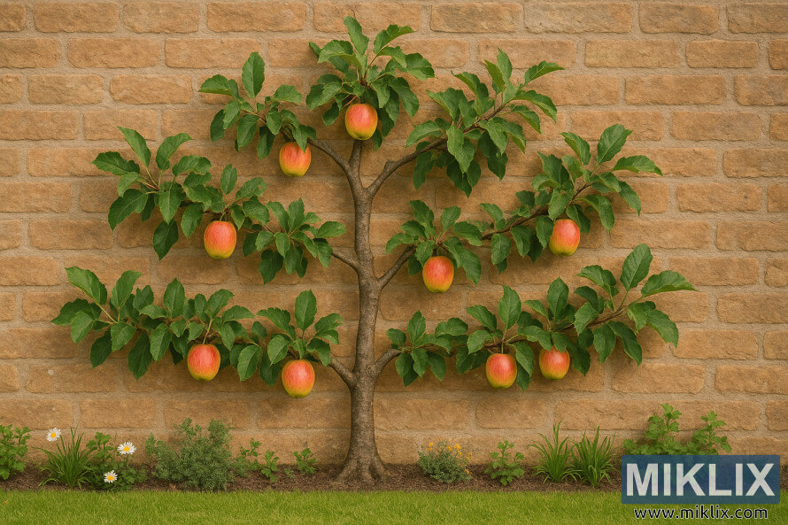 Pokok epal Espalier dengan buah merah dan daun hijau tumbuh pada dinding bata desa.