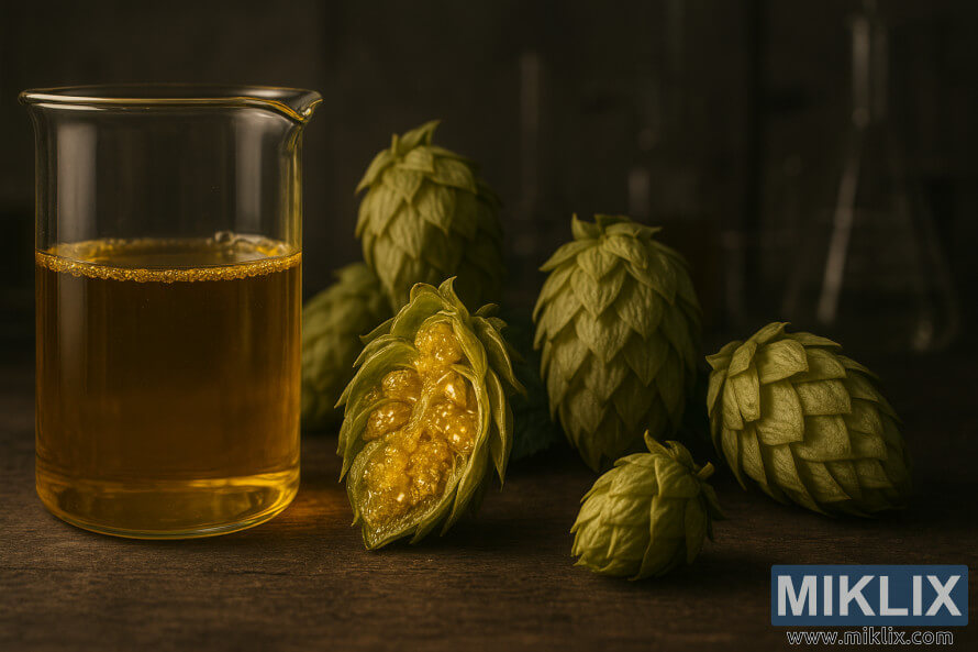 Staklena ÄaÅ¡a od zlatnog hmelja ulja pored detaljnih hmelja u toplom, priguÅ¡enom laboratorijskom okruženju. Staklena ÄaÅ¡a od zlatnog hmelja ulja pored detaljnih hmelja u toplom, priguÅ¡enom laboratorijskom okruženju.