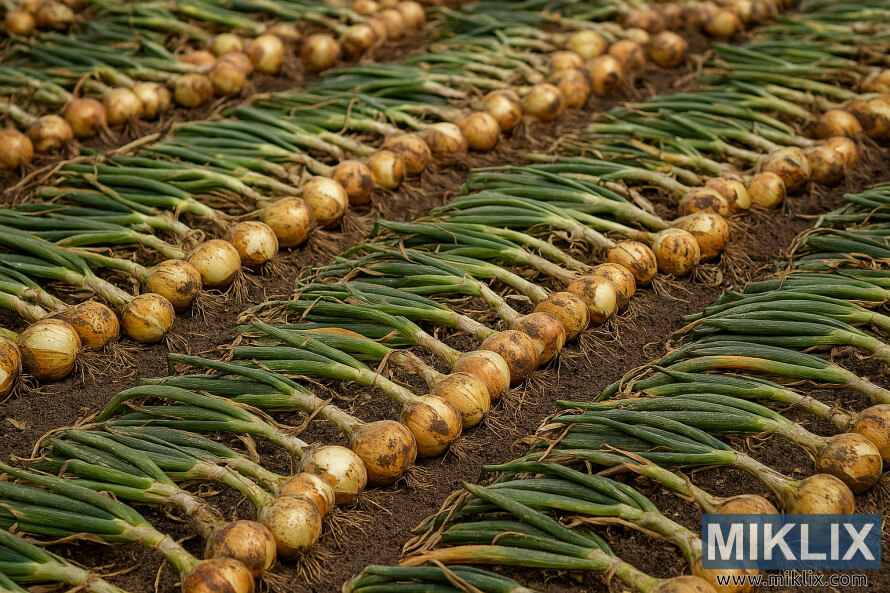 Landscape view of freshly harvested onions with green tops laid out in rows to cure