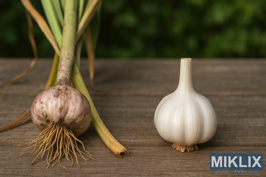 De lâail fraÃ®chement rÃ©coltÃ© maison avec racines et tiges, Ã  cÃ´tÃ© dâun bulbe dâail propre achetÃ© en magasin sur une surface en bois.