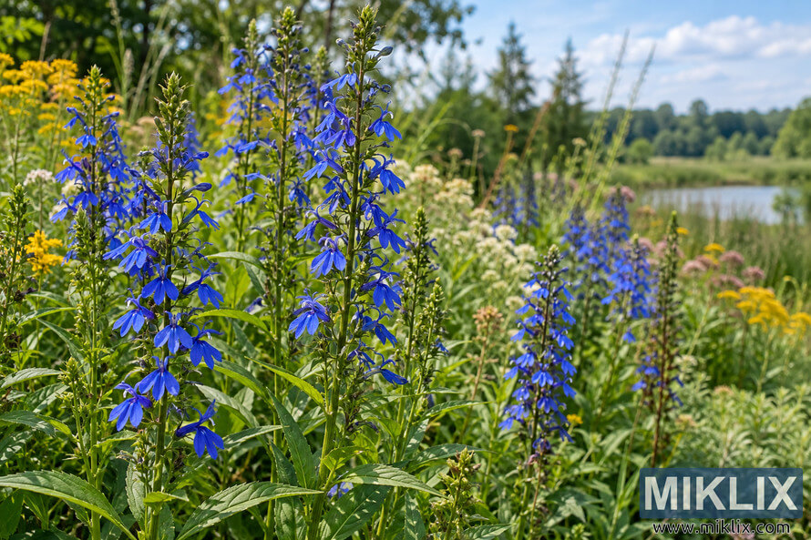Tall vivid blue lobelia flowers growing among yellow, white and pink native plants beside water under a bright summer sky. Tall vivid blue lobelia flowers growing among yellow, white and pink native plants beside water under a bright summer sky.
