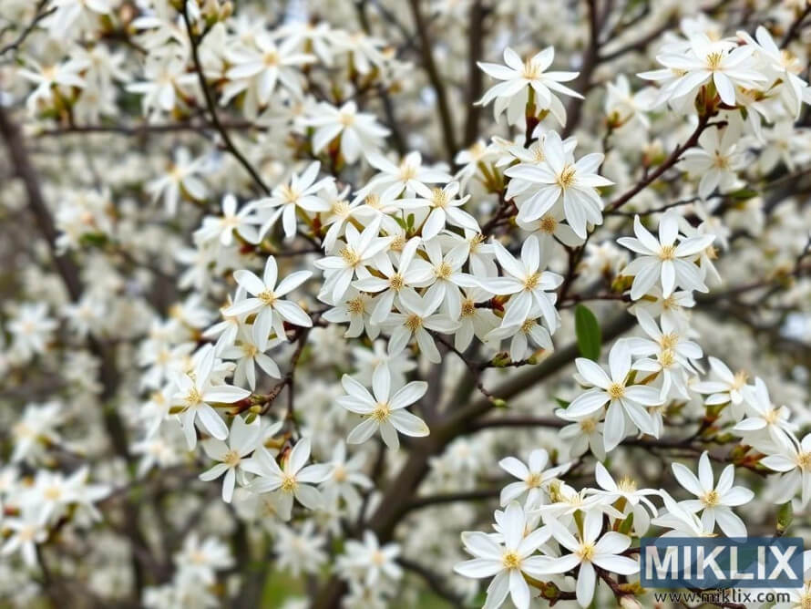 Clusters of white star-shaped Star Magnolia flowers blooming on slender branches in early spring. Clusters of white star-shaped Star Magnolia flowers blooming on slender branches in early spring.