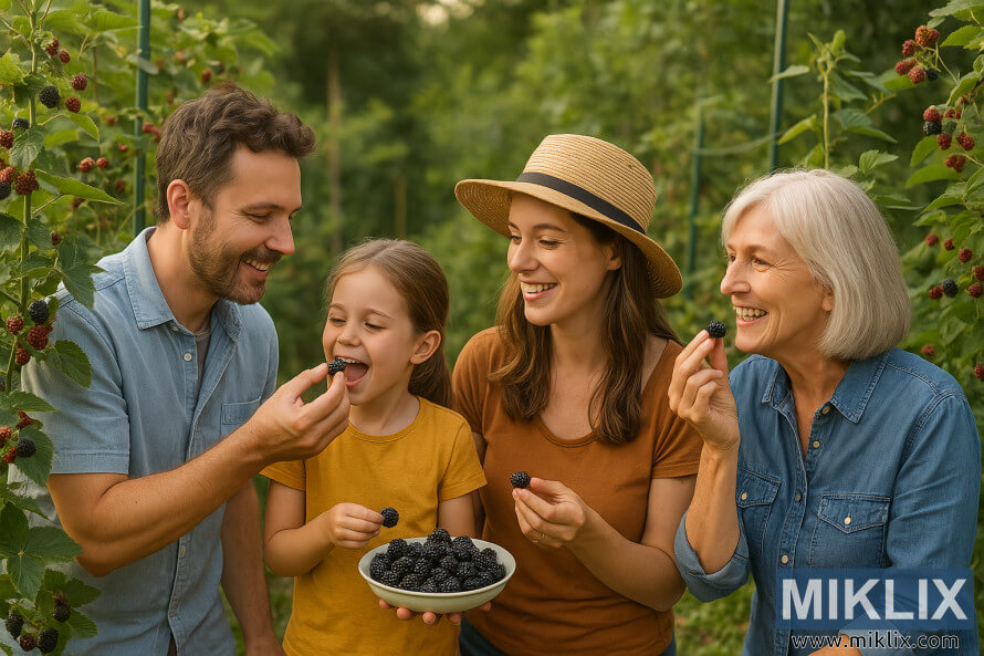 Une famille joyeuse et multigÃ©nÃ©rationnelle cueille et dÃ©guste ensemble des mÃ»res mÃ»res dans un jardin ensoleillÃ©.