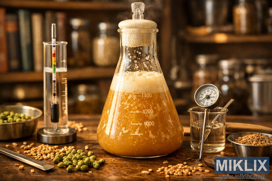 Close-up of a homebrewerâs workstation with a bubbling yeast starter in a glass flask, surrounded by brewing tools, grains, and hops on a wooden table under warm lighting. Close-up of a homebrewerâs workstation with a bubbling yeast starter in a glass flask, surrounded by brewing tools, grains, and hops on a wooden table under warm lighting.