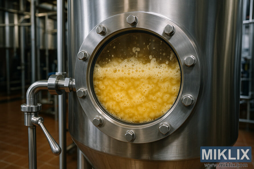 Pamje nga afÃ«r e njÃ« fermentuesi prej Ã§eliku inox qÃ« tregon birrÃ«n e artÃ« fshatare duke fermentuar nÃ« mÃ«nyrÃ« aktive pÃ«rmes njÃ« dritareje qelqi nÃ« njÃ« fabrikÃ« birre.