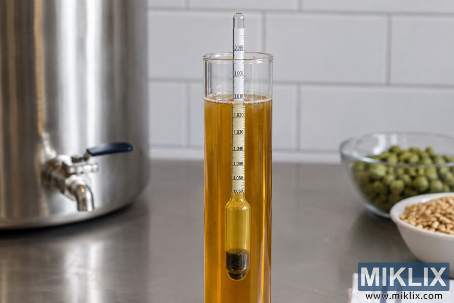Glass hydrometer floating in a cylinder of golden wort on a brewing worktop, with a stainless-steel kettle, hops, grain, and towel in the background. Glass hydrometer floating in a cylinder of golden wort on a brewing worktop, with a stainless-steel kettle, hops, grain, and towel in the background.