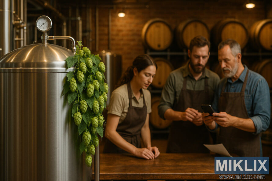 Tangki fermentasi baja sareng hops turun dina setting tempat pembuatan bir.