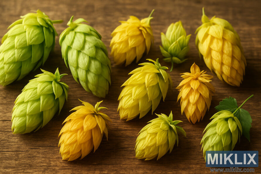 Cikakkun bayanai na kusa-kusa na mazugi iri-iri da aka shirya akan wani katako mai tsattsauran ra'ayi.