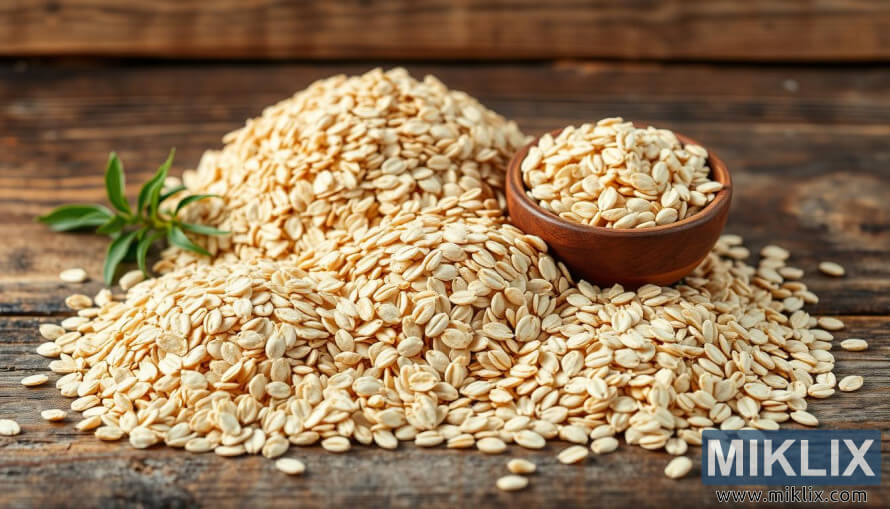 Assortert bryggehavre pÃ¥ rustikk tre, og fremhever deres teksturer og variasjon for Ã¸lproduksjon.