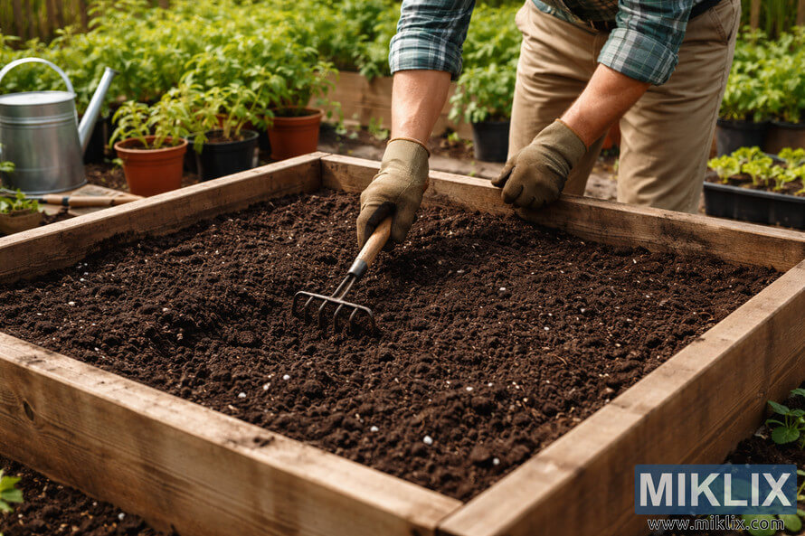 Gardener using a hand rake to loosen dark soil in a wooden raised garden bed surrounded by potted plants and gardening tools.