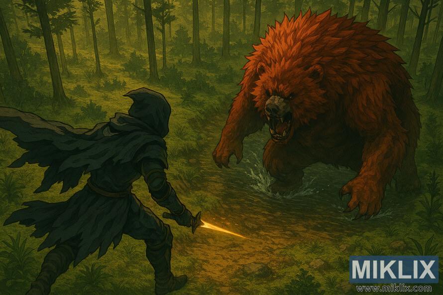 Anime-stil fan art som visar Tarnished bakifrÃ¥n och mÃ¶ter Ralva, den stora rÃ¶da bjÃ¶rnen, frÃ¥n en upphÃ¶jd vinkel