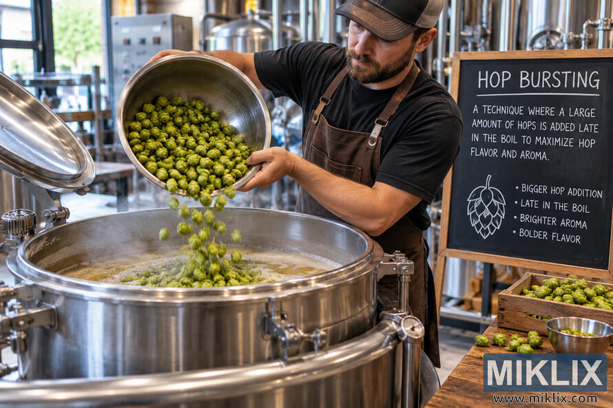 Brewer pours a large bowl of green hop cones into a steaming stainless-steel brewing kettle during a hop bursting demonstration, with an educational chalkboard and additional hops beside him. Brewer pours a large bowl of green hop cones into a steaming stainless-steel brewing kettle during a hop bursting demonstration, with an educational chalkboard and additional hops beside him.