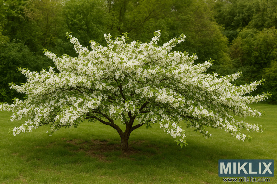 Un pommier Sargent avec une large forme horizontale et ramifiÃ©e couverte de fleurs blanches, dressÃ© dans un jardin verdoyant.