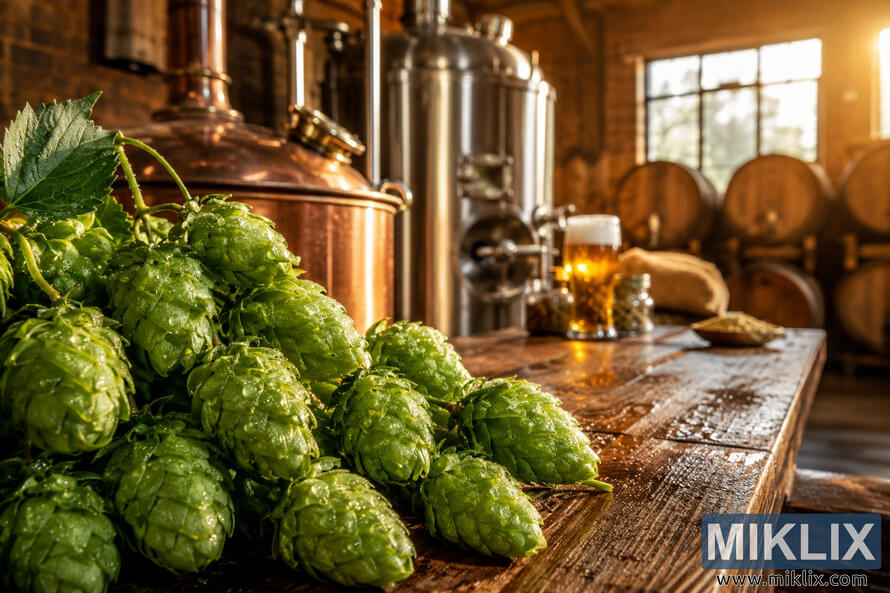 Close-up of fresh green hop cones covered in dewdrops on a rustic wooden brewing table, with a copper kettle, stainless fermentation equipment, wooden barrels, and warm golden brewery lighting in the background.