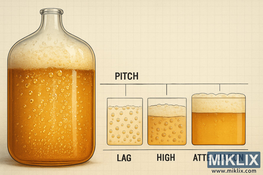 Staklena posuda za fermentaciju u prvom planu sa oznaÄenom vremenskom linijom faza fermentacije prikazana na suptilnoj pozadini mreÅ¾e.