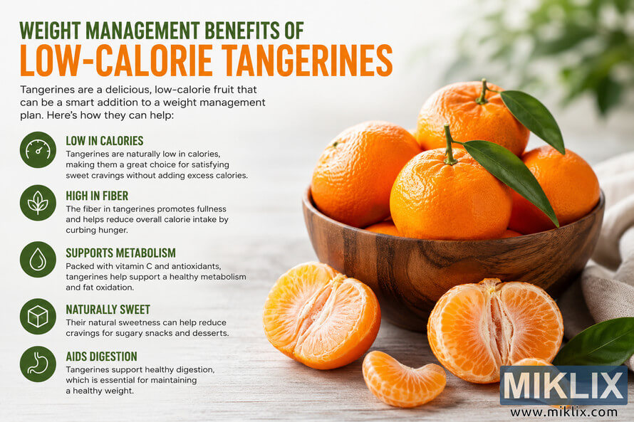 Landscape infographic showing a bowl of fresh tangerines on a wooden surface alongside educational text explaining how low-calorie tangerines may support weight management through their low calorie content, fiber, metabolism support, natural sweetness, and digestive benefits. Landscape infographic showing a bowl of fresh tangerines on a wooden surface alongside educational text explaining how low-calorie tangerines may support weight management through their low calorie content, fiber, metabolism support, natural sweetness, and digestive benefits.