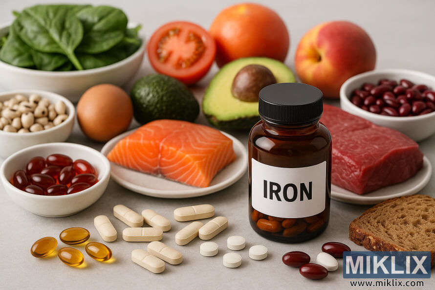 Iron supplement bottle with capsules and iron-rich foods like spinach, salmon, meat, eggs, legumes, grains, and fruits.