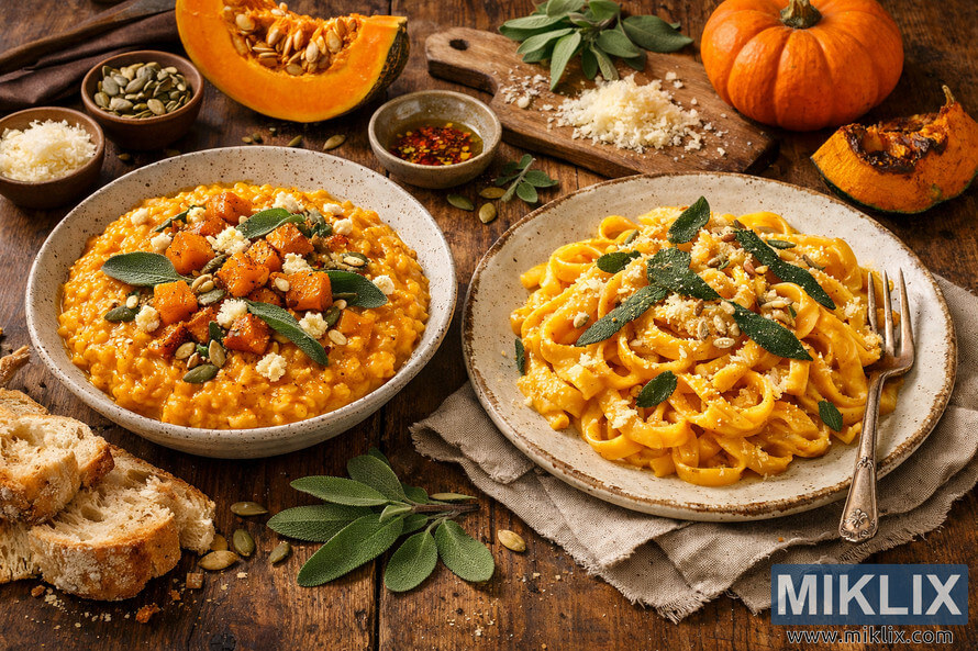 Rustic wooden table with a pumpkin-themed Italian feast, featuring a creamy pumpkin risotto in a speckled ceramic bowl on the left and a pumpkin fettuccine pasta in a rustic plate on the right, both garnished with sage, seeds, nuts, and cheese, surrounded by pumpkins, bread, herbs, and small bowls of toppings.