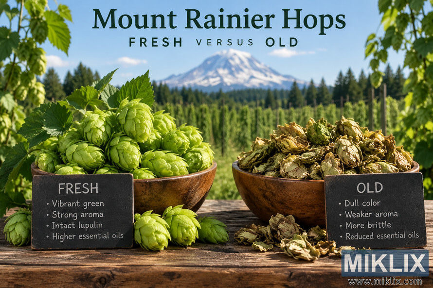 Landscape comparison of fresh and old Mount Rainier hops in wooden bowls on a rustic table. Bright green, intact fresh hop cones appear on the left, while faded brown, dry and brittle old hop cones appear on the right. Chalkboard signs summarize their differences, with a hop field, evergreen forest and snow-covered mountain in the background. Landscape comparison of fresh and old Mount Rainier hops in wooden bowls on a rustic table. Bright green, intact fresh hop cones appear on the left, while faded brown, dry and brittle old hop cones appear on the right. Chalkboard signs summarize their differences, with a hop field, evergreen forest and snow-covered mountain in the background.