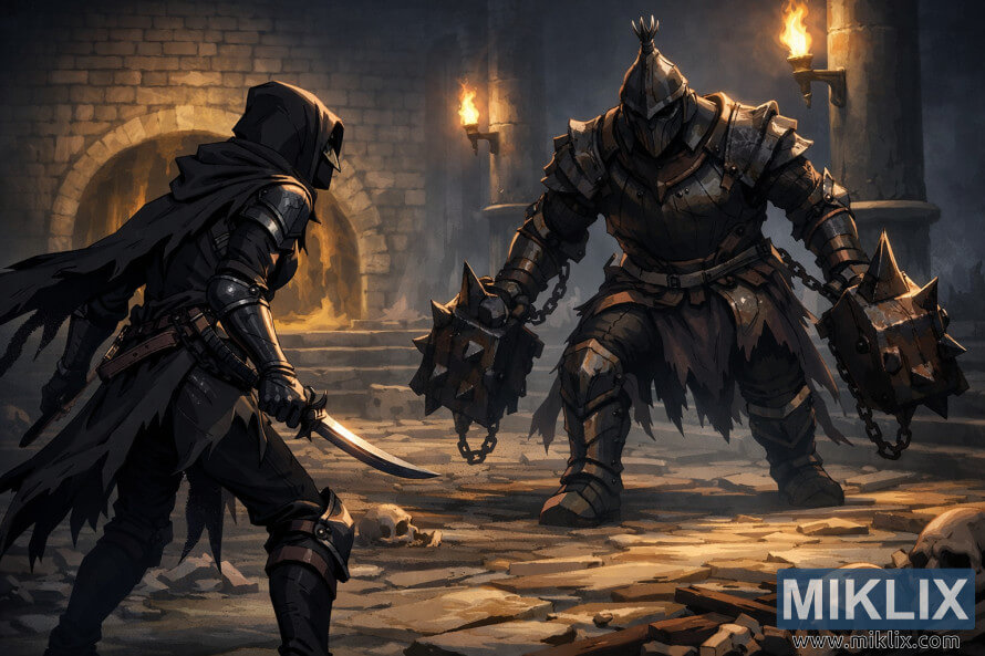 Anime-style fan art of the Tarnished in Black Knife armor cautiously facing the Grave Warden Duelist inside the torchlit Murkwater Catacombs just before battle.