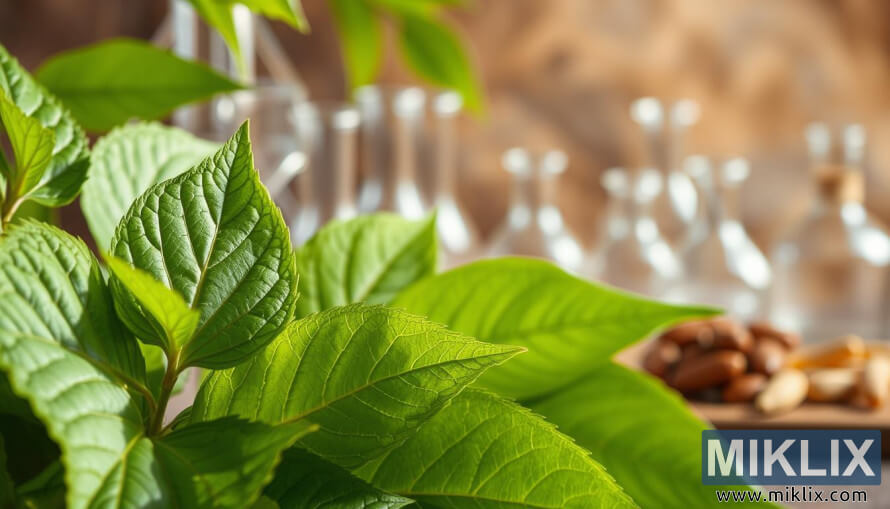 Primer plano de hojas verdes de ashwagandha con cristalerÃa de laboratorio y fondo en tonos terrosos. Primer plano de hojas verdes de ashwagandha con cristalerÃa de laboratorio y fondo en tonos terrosos.